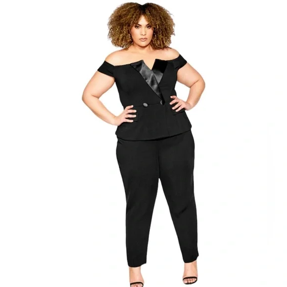 City Chic Sexy Tuxe  Jumpsuit Off The Shoulders - Picture 2 of 13